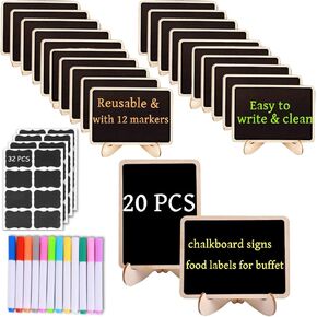 20 حزمة Mini Schalboard Signs مع 12 Chalks & Blackboard Stickers ، لوحات رسائل قابلة لإعادة الاستخدام الخشبية مع الحفلات الحصنة لحفلات الزفاف ، وحفلات أعياد الميلاد ، وعلامات طعام بوفيه ، وديكور الأحداث