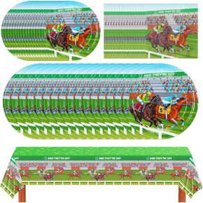 49 Pcs Derby Party Supplies Horse Racing Party Disposable Tableware Set Including Paper Plates Napkins Tablecloth Derby Day Disposable Dinnerware for Horse Birthday Supplies Serve 16 Guests