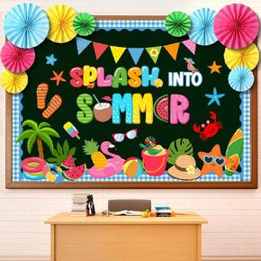 Eersida 73 Pcs Summer Bulletin Board Decorations with Paper Fans Summer Beach Classroom Bulletin Board Set Palm Fruits Ice Cream Slippers Cutouts for Tropical Hawaii Holiday School Home Wall Decor