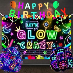 تشمل إمدادات ديكورات الحفلات في Neon Glow Neon Let's Glow Backdrop Glow في لوازم الحفلات المظلمة ، وتوهج 18 ٪ في البالونات المظلمة و 1pcs Glow Party Banner لزخارف حفلة عيد ميلاد النيون