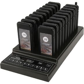Restaurant Pager System with 20 Coaster Pager, Restaurant Buzzer Pagers 3 Alert Modes, Rechargable Restaurant Buzzers with Numeric Keypad Transmitter Support Up to Pagers