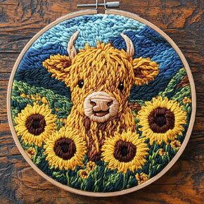 DIY Punch Needle Kits Cute Highland Cow in Sunflowers Easy for Beginners Punch Needle Embroidery Set for Craft Lovers with Printed Pattern and Hoop for Home Decor 20x20cm-11