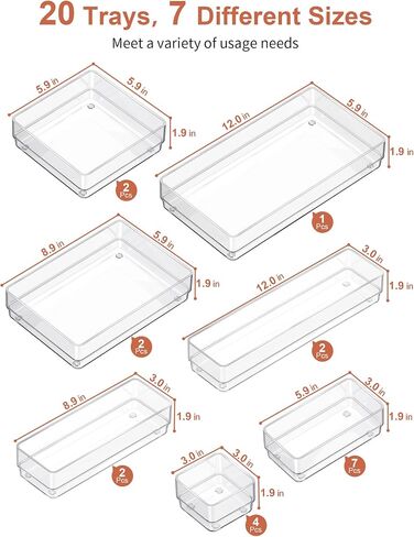 SMARTAKE 20-Piece Drawer Organizer with Non-Slip Silicone Pads, 7-Size Desk Drawer Organizer Trays Storage Tray for Makeup, Jewelries, Utensils in Bedroom Dresser, Office and Kitchen (Clear) in Saudi Arabia