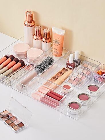 SMARTAKE 20-Piece Drawer Organizer with Non-Slip Silicone Pads, 7-Size Desk Drawer Organizer Trays Storage Tray for Makeup, Jewelries, Utensils in Bedroom Dresser, Office and Kitchen (Clear) in Saudi Arabia