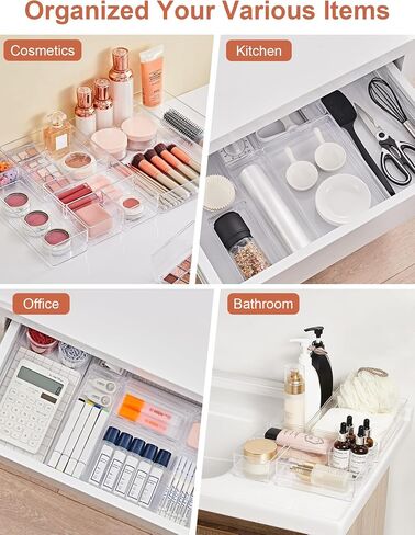 SMARTAKE 20-Piece Drawer Organizer with Non-Slip Silicone Pads, 7-Size Desk Drawer Organizer Trays Storage Tray for Makeup, Jewelries, Utensils in Bedroom Dresser, Office and Kitchen (Clear) in Saudi Arabia