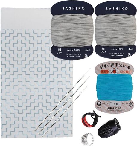 Daruma Hitomezashi Sashiko Kit - إبرة ومجموعة من الخيوط اليابانية الممتازة مع Sashiko Fukin ، خيط ، إبر ، كشقة - جاهزة لاستخدام مجموعة (انضم إلى نمط الماس) in Kuwait