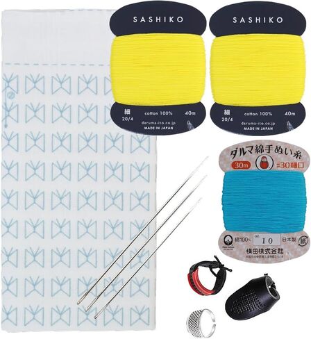 Daruma Hitomezashi Sashiko Kit - إبرة ومجموعة من الخيوط اليابانية الممتازة مع Sashiko Fukin ، خيط ، إبر ، كشقة - جاهزة لاستخدام مجموعة (انضم إلى نمط الماس) in Kuwait