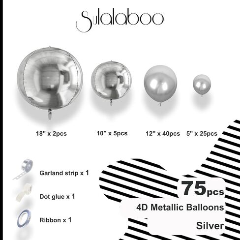 مجموعة بالونات معدنية فضية من SULALABOO مكونة من 75 قطعة من بالونات الهيليوم اللامعة والكروم اللامعة بأحجام مختلفة لأعياد الميلاد والذكرى السنوية وحفلات الزفاف وحفلات الزفاف in Kuwait
