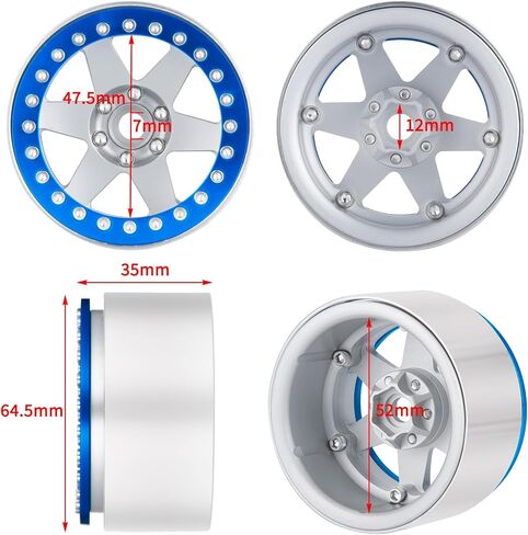 QUE-T 2.2 inches Beadlock Wheels 4pcs Metal Wheel Hubs Rims for 1/10 Axial Wraith RR10 Scx10 VS4-10 TRX4 D10 D90 rc Crawler (Matte Silver & Blue) in Kuwait