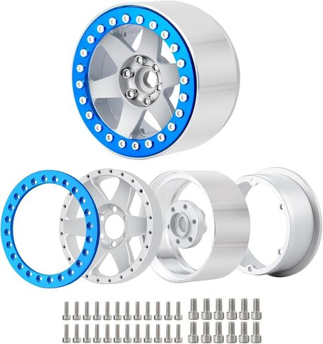 QUE-T 2.2 inches Beadlock Wheels 4pcs Metal Wheel Hubs Rims for 1/10 Axial Wraith RR10 Scx10 VS4-10 TRX4 D10 D90 rc Crawler (Matte Silver & Blue) in Kuwait