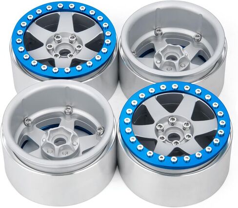 QUE-T 2.2 inches Beadlock Wheels 4pcs Metal Wheel Hubs Rims for 1/10 Axial Wraith RR10 Scx10 VS4-10 TRX4 D10 D90 rc Crawler (Matte Silver & Blue) in Kuwait
