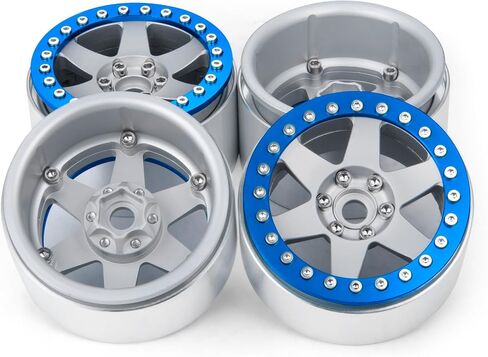 QUE-T 2.2 inches Beadlock Wheels 4pcs Metal Wheel Hubs Rims for 1/10 Axial Wraith RR10 Scx10 VS4-10 TRX4 D10 D90 rc Crawler (Matte Silver & Blue) in Kuwait