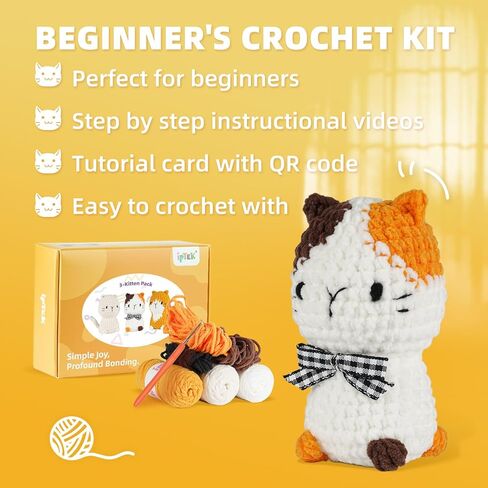 Crochet Kit for Beginners, Learn to Crochet, Include Easy Knitting Soft Yarn, Step-by-Step Video Tutorial, Hook, Holiday Birthday Gift for Adults and Kids(1 Pack Orange cat) in Kuwait