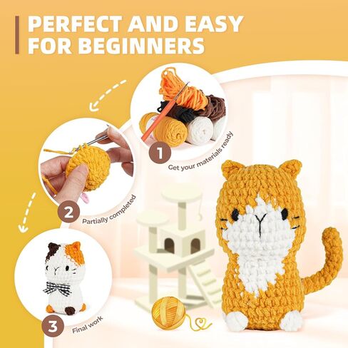 Crochet Kit for Beginners, Learn to Crochet, Include Easy Knitting Soft Yarn, Step-by-Step Video Tutorial, Hook, Holiday Birthday Gift for Adults and Kids(1 Pack Orange cat) in Kuwait