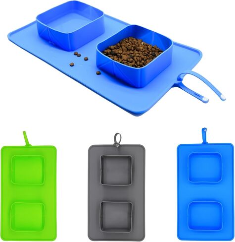 Portable 2-in-1 Dog Bowls, Collapsible Silicone Travel Pet Feeder with No-Spill and Non-Skid, Foldable Food Water Bowl Mat for Small Medium Dogs Cats Pets (Blue) in Saudi Arabia
