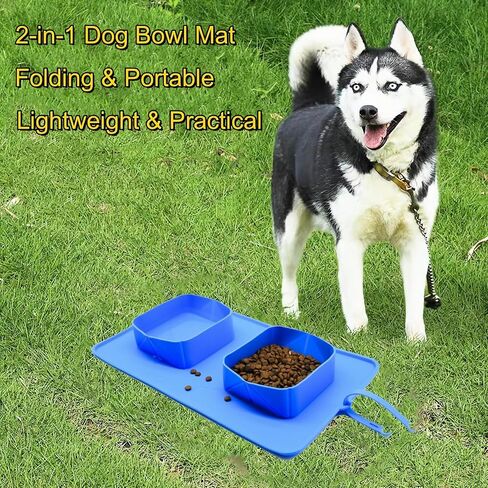 Portable 2-in-1 Dog Bowls, Collapsible Silicone Travel Pet Feeder with No-Spill and Non-Skid, Foldable Food Water Bowl Mat for Small Medium Dogs Cats Pets (Blue) in Saudi Arabia