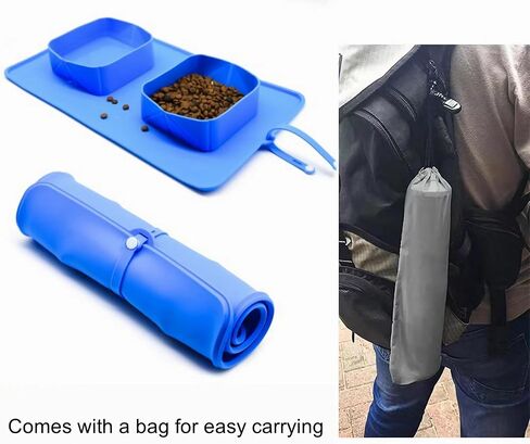 Portable 2-in-1 Dog Bowls, Collapsible Silicone Travel Pet Feeder with No-Spill and Non-Skid, Foldable Food Water Bowl Mat for Small Medium Dogs Cats Pets (Blue) in Saudi Arabia