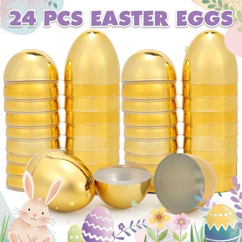 Skirfy 24PCS Golden Easter Eggs, Empty 3.15" Golden Eggs Bulk Fillable for Easter Hunt Party Favor Basket Stuffers Filler Classroom Prize Supplies Decor in Saudi Arabia
