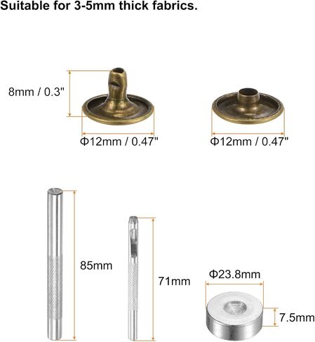 HARFINGTON 200 Sets Leather Rivets 12mm x 8mm Metal Double Cap Rivet Snaps Studs Fasteners with 3pcs Setting Tools Rivets for Leather Craft DIY Repair Decoration, Bronze in Kuwait