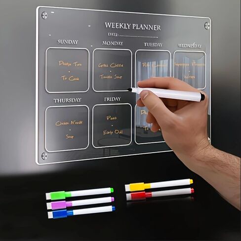 Acrylic Weekly Calendar Planner for Refrigerator - 11.8"x7.8" Dry Erase Fridge Organizer with Weekly Schedule Template, Kitchen & Office Planning Board (Transparent, Durable) in Saudi Arabia