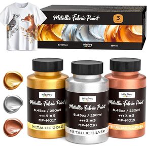 Nicpro Metallic Fabric Paint 3 Colors Gold, Silver, Copper, 25.35oz/750ml Permanent Soft Fabric Paint for Clothes, Non-Toxic Textile Paint for Fabric Furniture DIY Crafts T-shirts Shoes Jeans Bags
