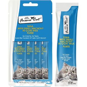 التونة Fussie Cat Premium مع الأنشوجة الصغيرة في هريس حليب الماعز ، وعلاج قطة قابلة للعق