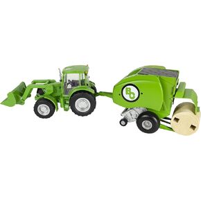 Big Country Toys Toys Treats & Baler Bundle - 1:20 Scale - لعبة مزرعة - جرار لعبة أخضر - بيل القش مع الثقوب - البلاستيك