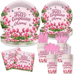 Lofaris 192 قطعة مجموعة Pink Tulip Party-192 PCS لـ 24 ضيفًا | ألواح عيد ميلاد زهور زهرية الوردي ، والأكواب ، والمناديل ، ومجموعة أدوات المائدة - مثالية للاحتفال بعيد ميلاد أمي