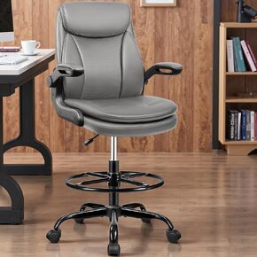 Drafting Chair Tall Office Chair Leather Executive Office Chair with Adjustable Foot Ring Flip Up Armrest - Comfy Ergonomic Desk Chairs with Lumbar Support for Office Home Studio - Grey