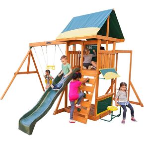 مجموعة أرجوحة خشبية من Kidkraft Brightside مع منطقة المقهى والبراز