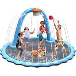 Splash Pad, Non-Slip Sprinkler Mat with Basketball Hoop and Arch for Kids Outdoor Play, Shoot Game for Backyard, Inflatable Water Toys More Fun for Boys and Girls (Round 110 in)