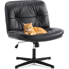 Sweetcrispy Criss Cross Armless Office Chair - PU Leather Adjustable Swivel Wide Seat with Thick Padding, Ergonomic Rolling Computer Desk Task Chair for Modern Vanity & Makeup with Wheels