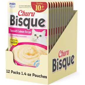 inaba churu bisque للقطط العليا 10+ ، حقيبة صحن جانبية بوري ، 1.4 أوقية لكل حقيبة ، 12 حقيبة ، التونة مع وصفة سمك السلمون