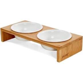 Piupet® Cat Bowl 8.5 Fl Oz مع رف ، مجموعة من الأوعية للقطط والكلاب الصغيرة ، أوعية القط الخزفية البيضاء لسهولة التنظيف مع إطار الخيزران الأنيق وغير الزلزال.