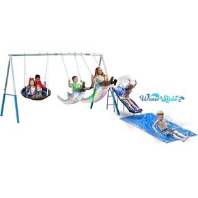 FIRIFLY WATER PARK - 5 مستخدم / 4 محطة سوينغ في الفناء الخلفي المعدني مع شريحة مائية 5 '، تقلبات LED وقمر الأرض ، 148 "× 93" × 74 "، بواسطة XDP Recreation