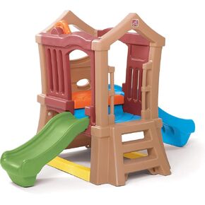 Step2 Play Up Double Slide Clide ، Kids Outdoor Playset ، مجموعة ملعب في الفناء الخلفي ، شريحة 2 ، مسرح مرتفع ، خارج الغابة الصالة الرياضية ، للأطفال الصغار من 2 إلى 6 سنوات