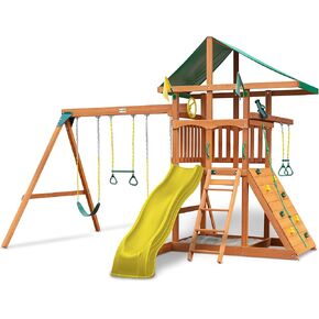 Gorilla Playsets 01-1069-Y Outing Wood Swing Set with Wood Roof and Monkey Bars - Yellow Slide, Amber