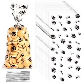 60 PCS Plastic Dog Paw Cellophane Treat bags with Ties Goodie Candy Cookie Goody Gift Bags Pouches Clear Baby Shower Pet Puppy Birthday Party Decorations Favors Supplies Wrapping Stuffers(5x11)