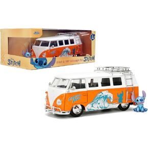 Jada Hollywood Rides Disney Schitch Volkswagen Bus-1:24 نموذج المقياس المقيد مع الأبواب الافتتاحية وشكل غرزة الصب-لعبة لهواة الجمع والأطفال الذين تتراوح أعمارهم بين 8 سنوات-Orange & White