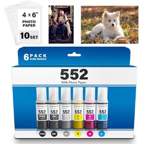 600ML 552 Ink Refill Bottles 6 Pack with Photo Paper (Not Sublimation Ink) for Epson Ecotank Photo ET-8550 ET-8500 ET8550 ET8500 Printer, Compatible for Epson 552 Pigment Ink Refill (BK PBK C M Y GY)