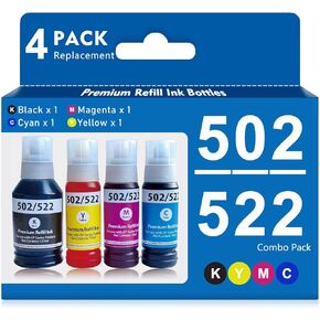 502 522 Refill Ink Bottles Compatible for 502 T502 522 T522 use for ET-2850 ET-2803 ET-2800 ET-2720 ET-2700 ET-2750 ET-3710 ET-3750 ET-4750 ET-3700 ET-3850 ET-4850 ET2700 ST3000 Printer(4-Pack)