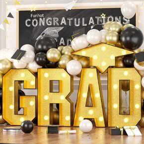 رسائل Funhot Marquee Light Up ، 3.4 قدم خريج خريج تضيء ، خطاب Gold Grad Marquee مع Lights Frame Frame Hat Pre-Cut Cut For Class Terguation Decorations Class of 2025