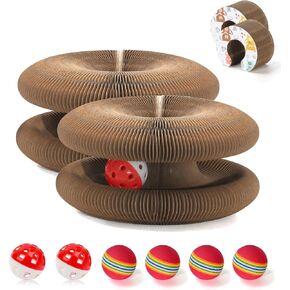 2 PCS Magic Organ Cat Scratcher Board with 6 Balls, Foldable Recyclable Accordion Cats Toy with Ball and Track Adventure, Cat Scratching Pad, Retractable Reversible Furniture Protector(Brown)