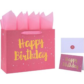 13" Large Pink Gift Bag Set with Greeting Card and Tissue Papers (Stars and Gold Foil ‘Happy Birthday’) for Women's Party, Girls' or Kids' Birthday Parties, Baby Girl, Baby Shower - 13"x5.2"x10.2", 1 Pcs.