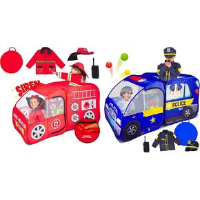 Kiddzery Fire Truck & Police Play Play Tent Bundle مع أصوات صفارات الإنذار والأزياء والإكسسوارات - Playhouse التفاعلية المنبثقة للأطفال والفتيان -