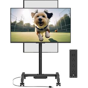 Mobile TV Stand with Power Outlet for 13-55 inch TVs, Tilting Rolling TV Cart Portrait to Landscape up to 66 lbs, Height Adjustable Outdoor Mobile TV Stand on Wheels, Max VESA 400x400mm