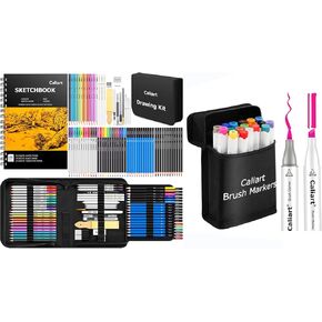 Caliart 176PCS Art Supplies Sketching Kit with 100 Sheets 3-Color Sketch Book, 18 Colors Brush & Chisel Double Tip Alcohol Art Markers, Drawing Pens Permanent Markers Mothers Day Gift for Mom Kids Art