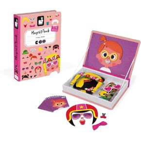 Janod Magnetibook 83 Pc Magnetic Boy Crazy Face Dress Up Game for Imagination Play - Book Shaped Travel/Storage Case Included - S.T.E.M. Toy for Ages 3+