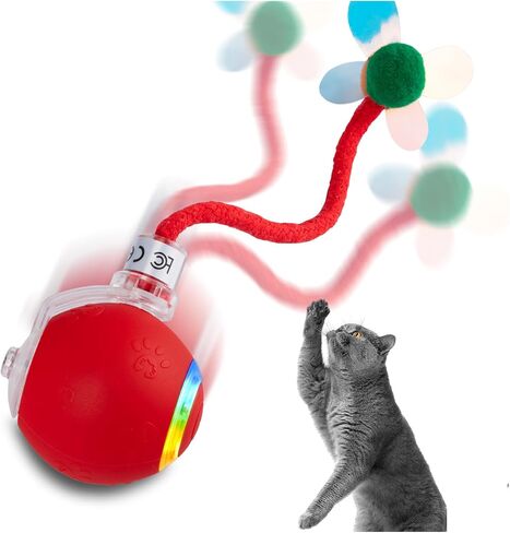 Interactive Cat Toys Ball with Brid Sound, Upgraded Rolling Moving Cat Ball with Tail, Automatic Cats/Kitten Toys for Bored Indoor Adult Cats, Motion Activated, Red in Saudi Arabia