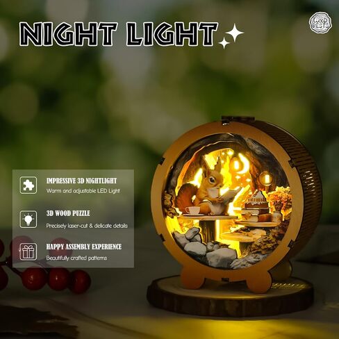WOODBESTS Wooden Puzzles 3D Nightlight(Night Reading Squirrel) DIY Wooden Puzzles for Adults-3D Wooden Puzzle Night Light for Seniors-Exquisite Desk Decor for DIY Puzzle Lovers in Saudi Arabia